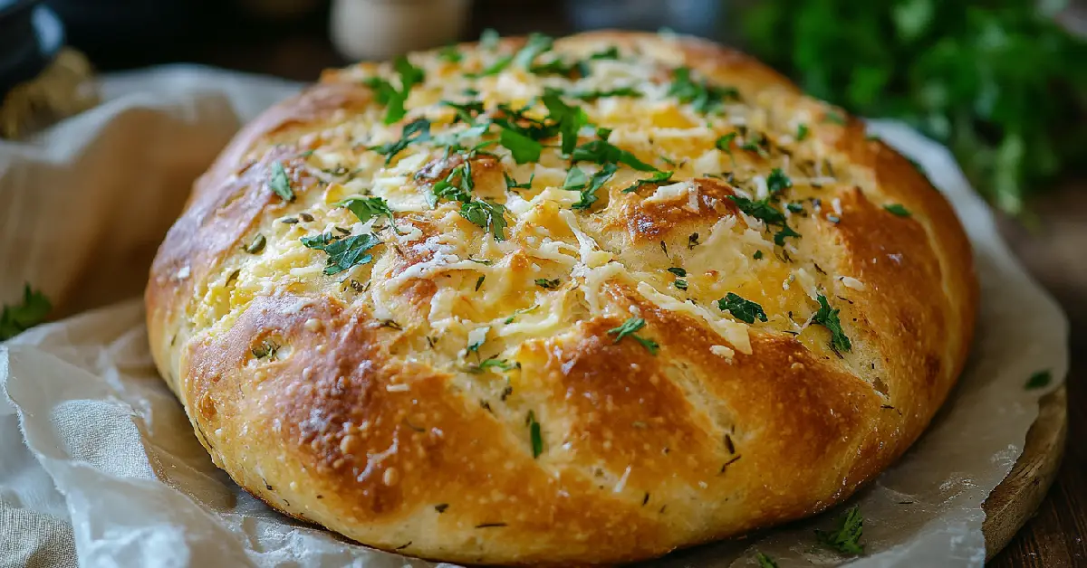 Italian Herbs and Cheese No-Knead Bread close-up with herbs and cheese