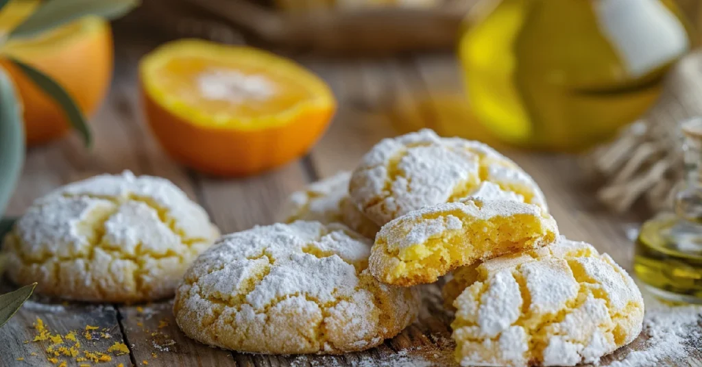 Soft and chewy orange olive oil crinkle cookies with powdered sugar.