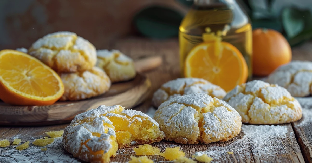 Soft and chewy orange olive oil crinkle cookies with powdered sugar.