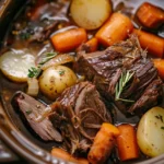 Slow-cooked venison roast with vegetables in a rich broth.