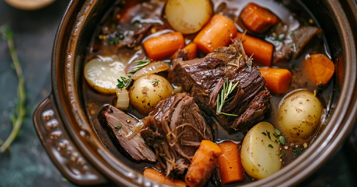 Slow-cooked venison roast with vegetables in a rich broth.